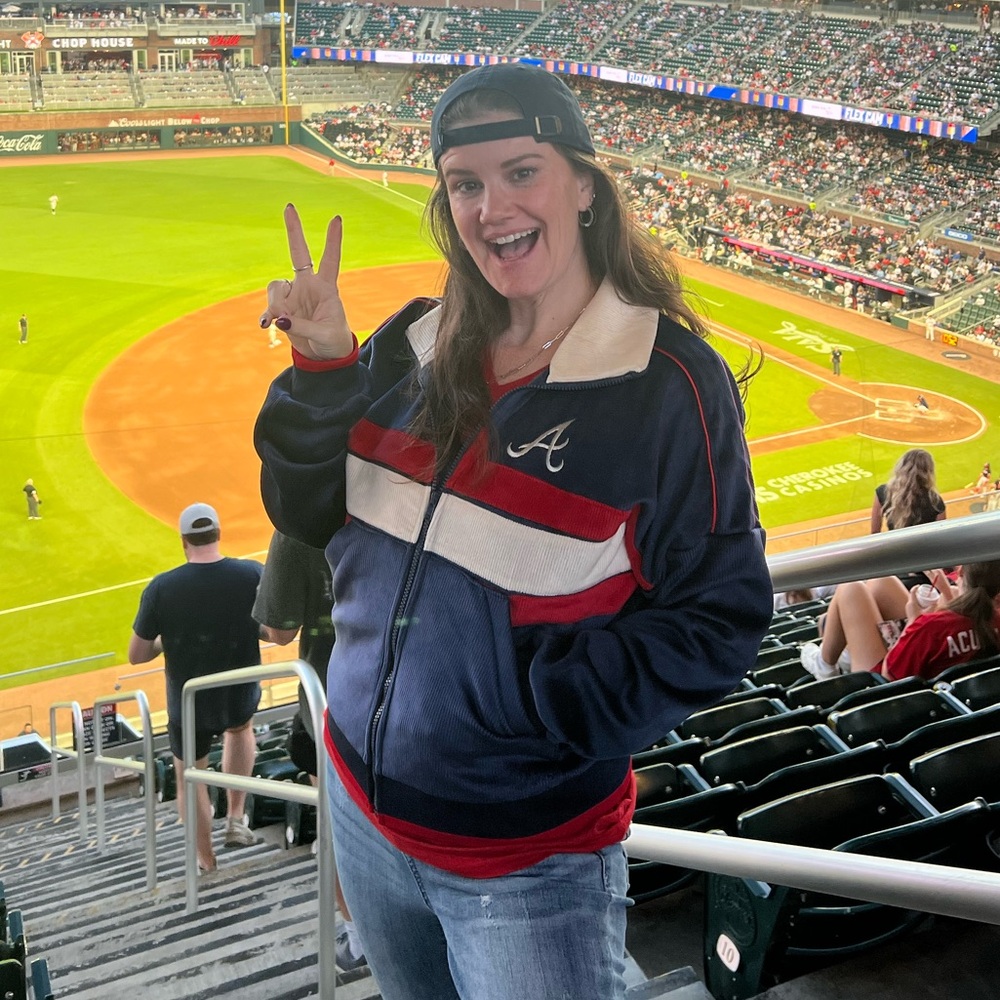 ATL Braves Navy and Red Corduroy Cropped Bomber Jacket - Picture 3 of 6